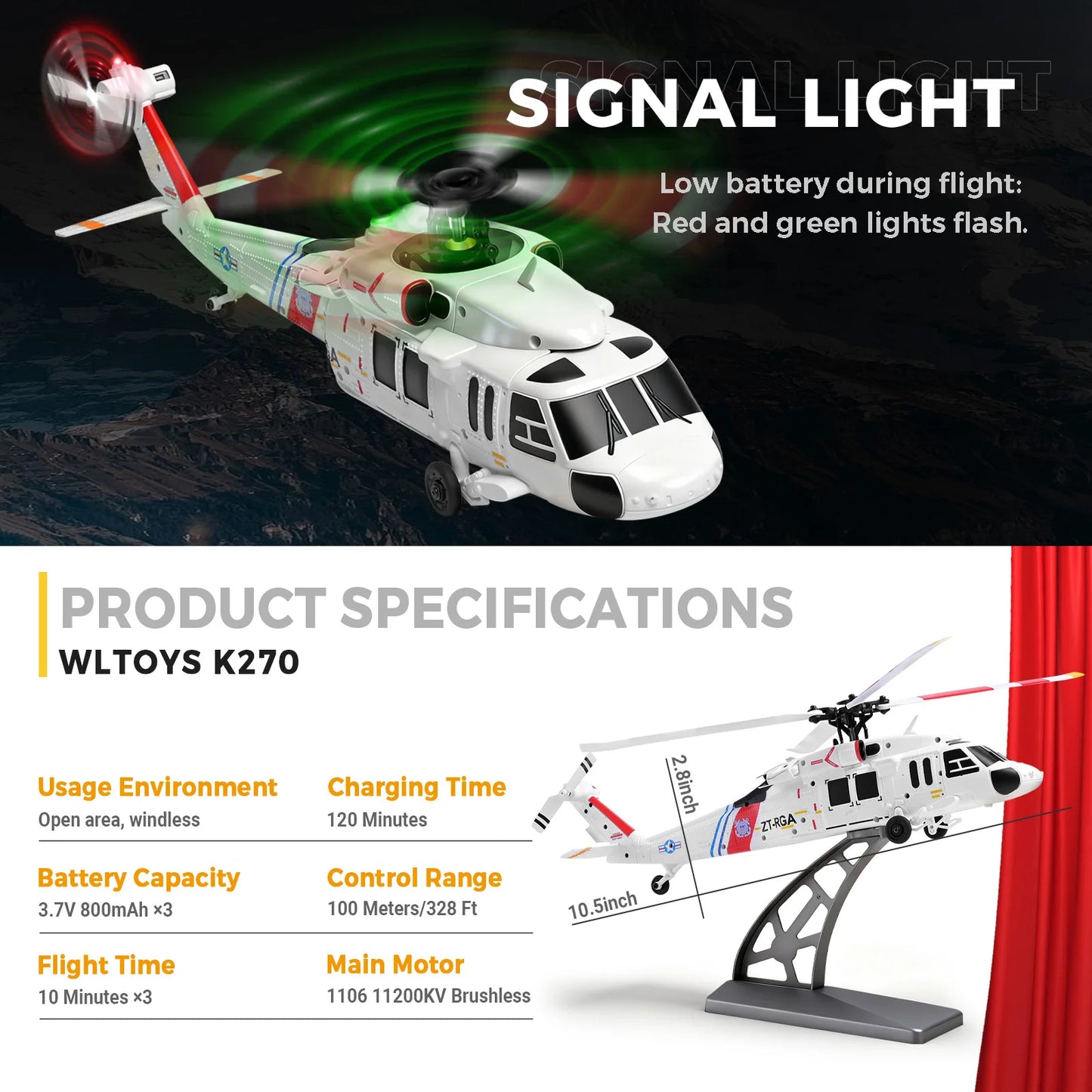 WLtoys K270 Black Hawk UH-60 4CH RC Helicopter; Brushless Motor, 6-Axis Gyro; Optical Flow Altitude Hold; 2.4G Remote Control