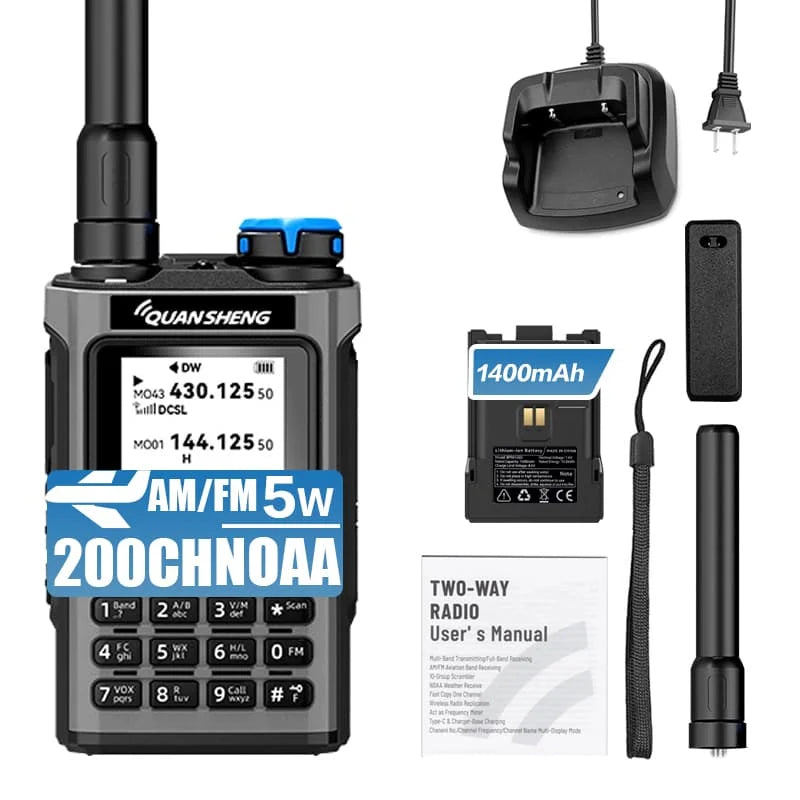 QUANSHENG K1 Multi-Band Walkie Talkie Air Band Aviation Receive Wireless Copy One Key Freq Match Type-C NOAA Two Way Radio