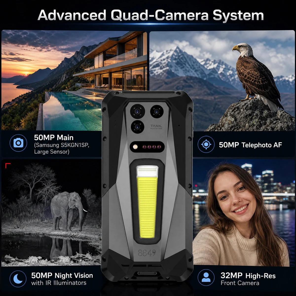 8849 TANK 5 Unihertz 2K Projector Rugged Smartphone eSIM AI Dimensity 9400e 3K AMOLED 17600mAh 220Lumens 18GB+512GB WiFi 7 NFC