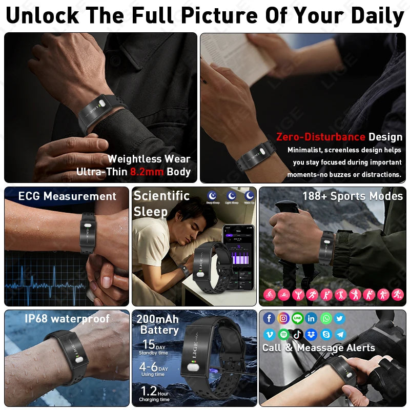 ECG HRV Monitor Health Smart Bracelet Fitness Tracker Sport Band 2026 New Waterproof Wristband No Screen Smartwatch Women Men