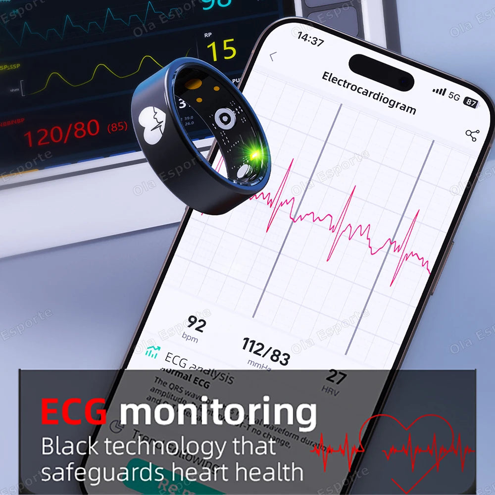 New ECG Monitor Smart Ring Heart Rate Blood Oxygen Health Monitoring Multi-sport Mode Temperature 3ATM Waterproof Smartring 2025