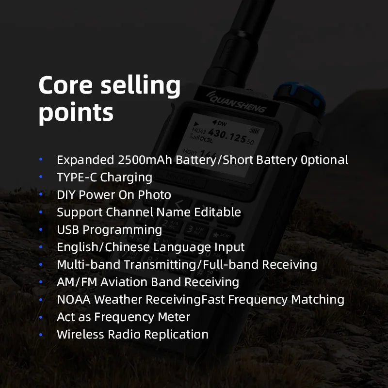 QUANSHENG K1 Multi-Band Walkie Talkie Air Band Aviation Receive Wireless Copy One Key Freq Match Type-C NOAA Two Way Radio
