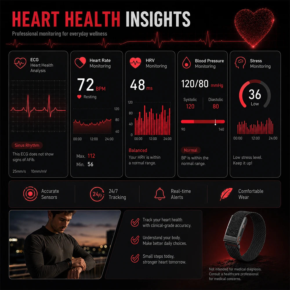 Smart Health Band ECG Heart Rate Blood Oxygen Sleep Tracking Blood Pressure Stress Monitor Body Composition Women Health Watch