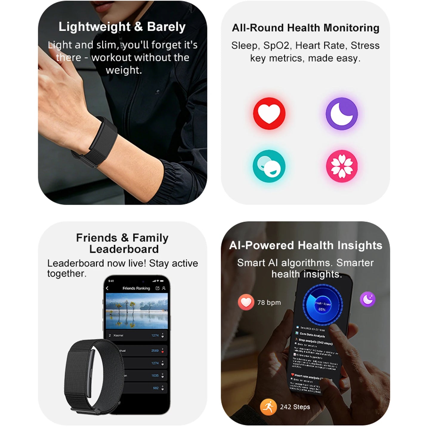 No Screen Smart Bracelt Men Women With Heart Rate Sleep AI Health Monitor Report Temperature Measurement Call Message Reminder