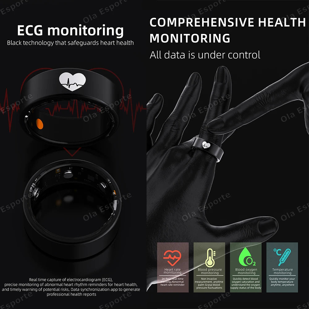 New ECG Monitor Smart Ring Heart Rate Blood Oxygen Health Monitoring Multi-sport Mode Temperature 3ATM Waterproof Smartring 2025