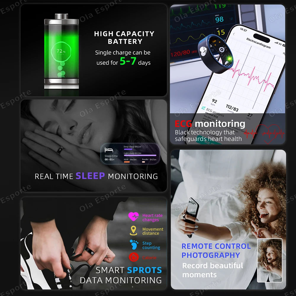 New ECG Monitor Smart Ring Heart Rate Blood Oxygen Health Monitoring Multi-sport Mode Temperature 3ATM Waterproof Smartring 2025