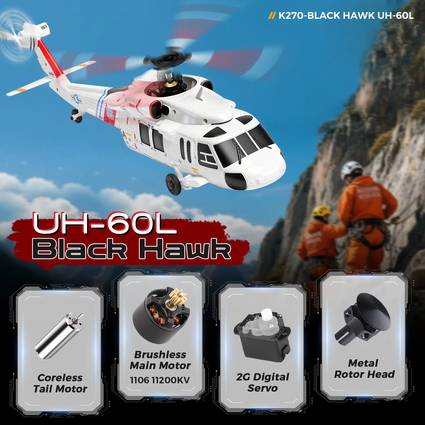 WLtoys K270 Black Hawk UH-60 4CH RC Helicopter; Brushless Motor, 6-Axis Gyro; Optical Flow Altitude Hold; 2.4G Remote Control