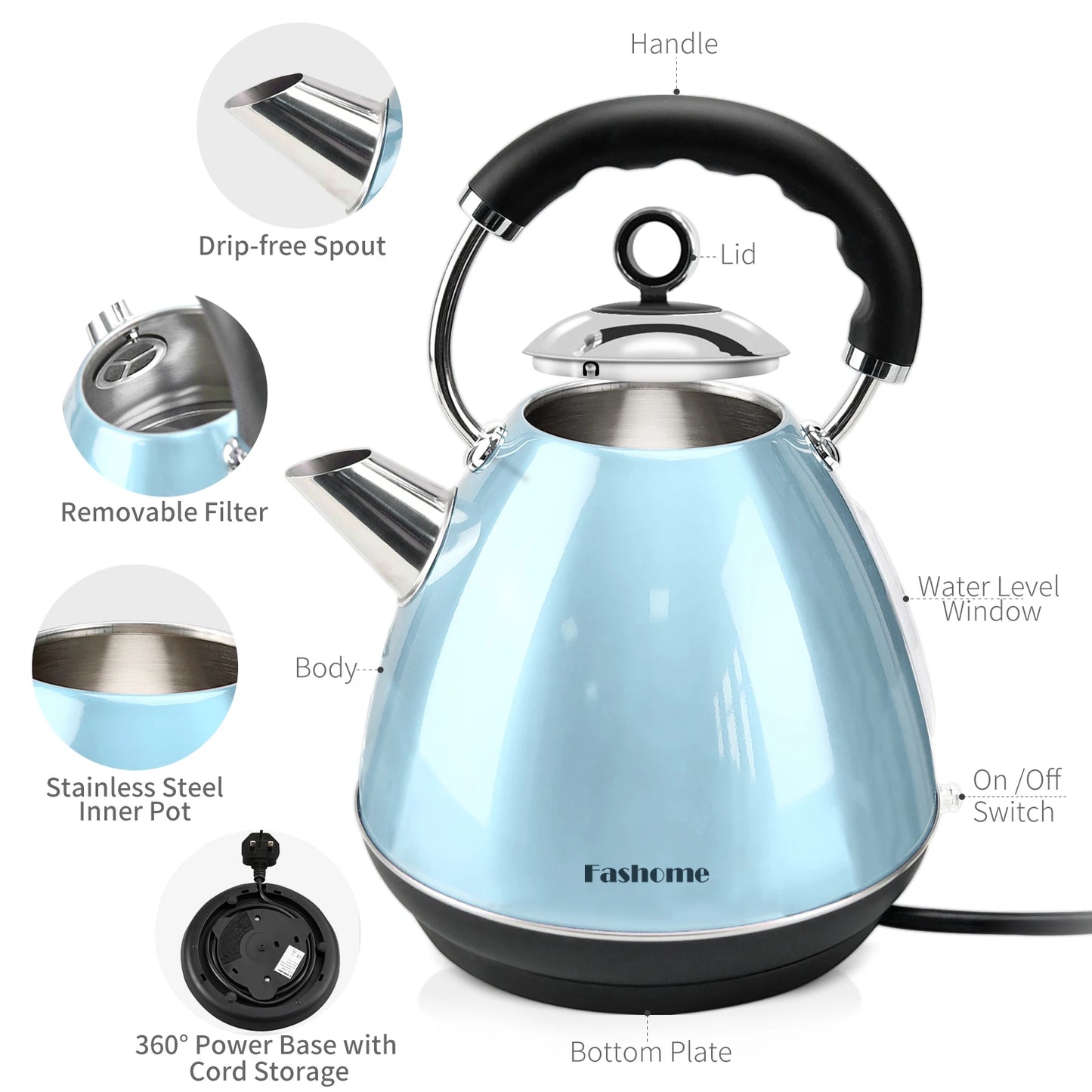 1.7L 120V Electric Kettle Stainless Steel Durable Rust-resistant Safe Auto Shut-off Kitchen Appliances for Home