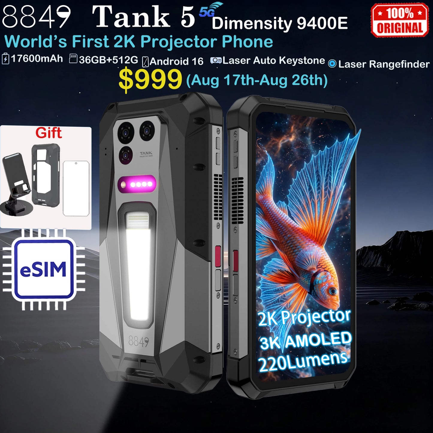 8849 TANK 5 Unihertz 2K Projector Rugged Smartphone eSIM AI Dimensity 9400e 3K AMOLED 17600mAh 220Lumens 18GB+512GB WiFi 7 NFC