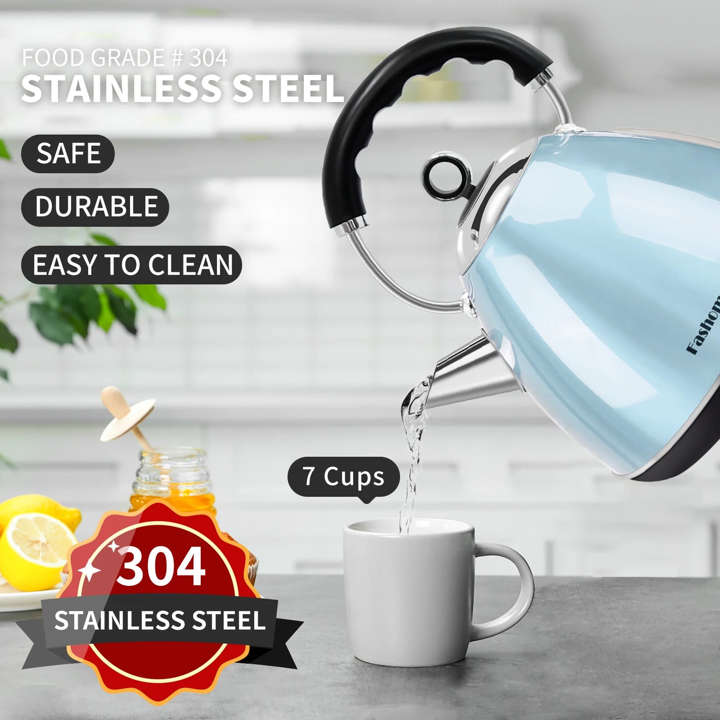 1.7L 120V Electric Kettle Stainless Steel Durable Rust-resistant Safe Auto Shut-off Kitchen Appliances for Home