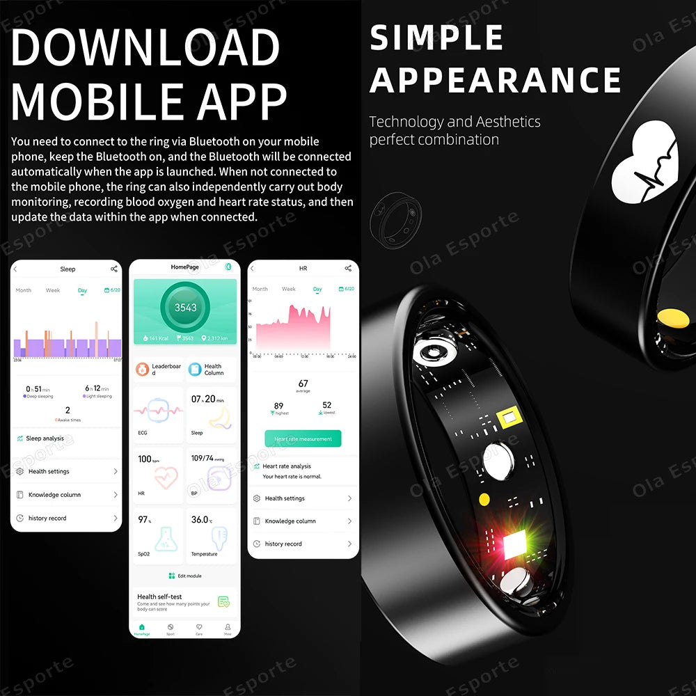 New ECG Monitor Smart Ring Heart Rate Blood Oxygen Health Monitoring Multi-sport Mode Temperature 3ATM Waterproof Smartring 2025